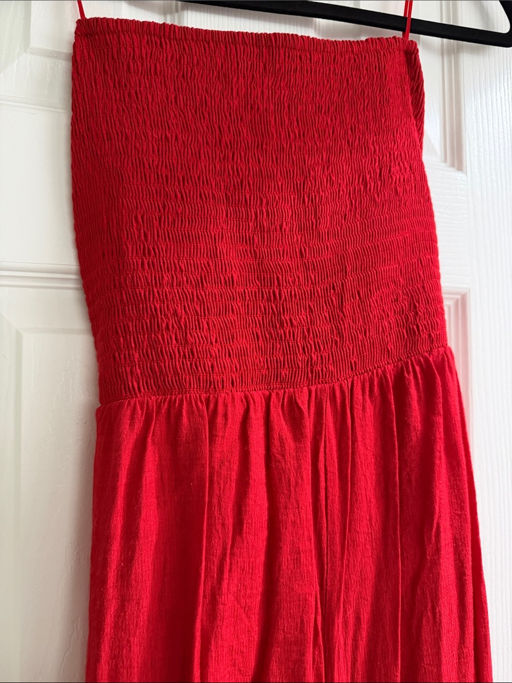 Red Shirred Strapless Jumpsuit